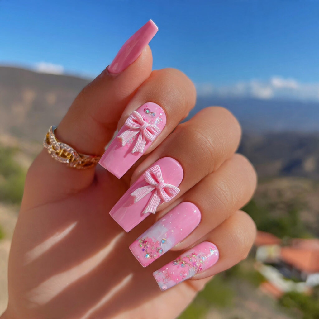 Summer Nails Designs That Feel Like Sunshine at Your Fingertips 12 attractive baby pink coquette bow nails with outdo