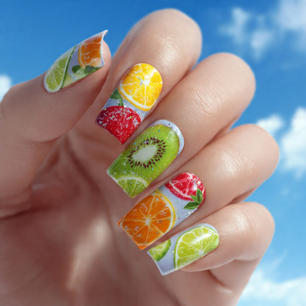 Summer Nails Art: Tiny Masterpieces for Your Fingertips 12 attractive fruit mix nail art on one hand glossy f