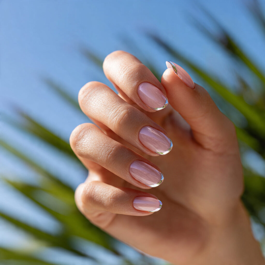 attractive hand with chrome outline nails glossy f
