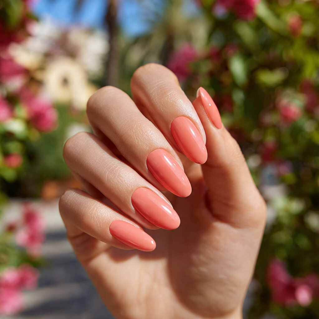Summer Aura Nails: Dreamy, Glowy Designs You’ll Be Obsessed With 7 attractive hand with coral blush aura nails glossy