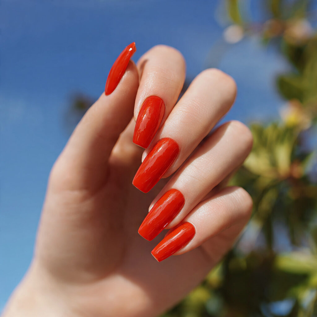 Summer Nails Red: 14 Hot, Dreamy Designs You’ll Want All Season 7 attractive hand with fiery red coffin shaped nails