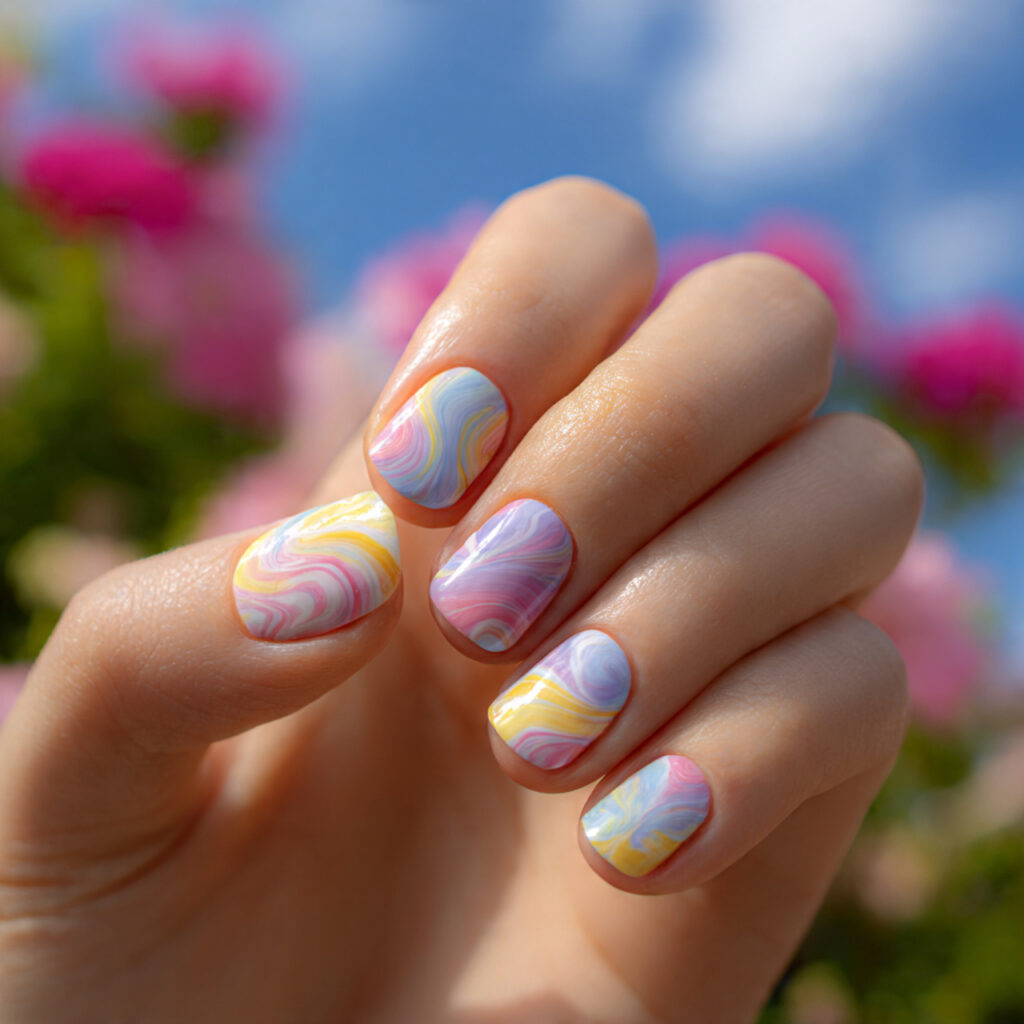Summer Nails Art: Tiny Masterpieces for Your Fingertips 5 attractive hand with pastel swirl nail art glossy
