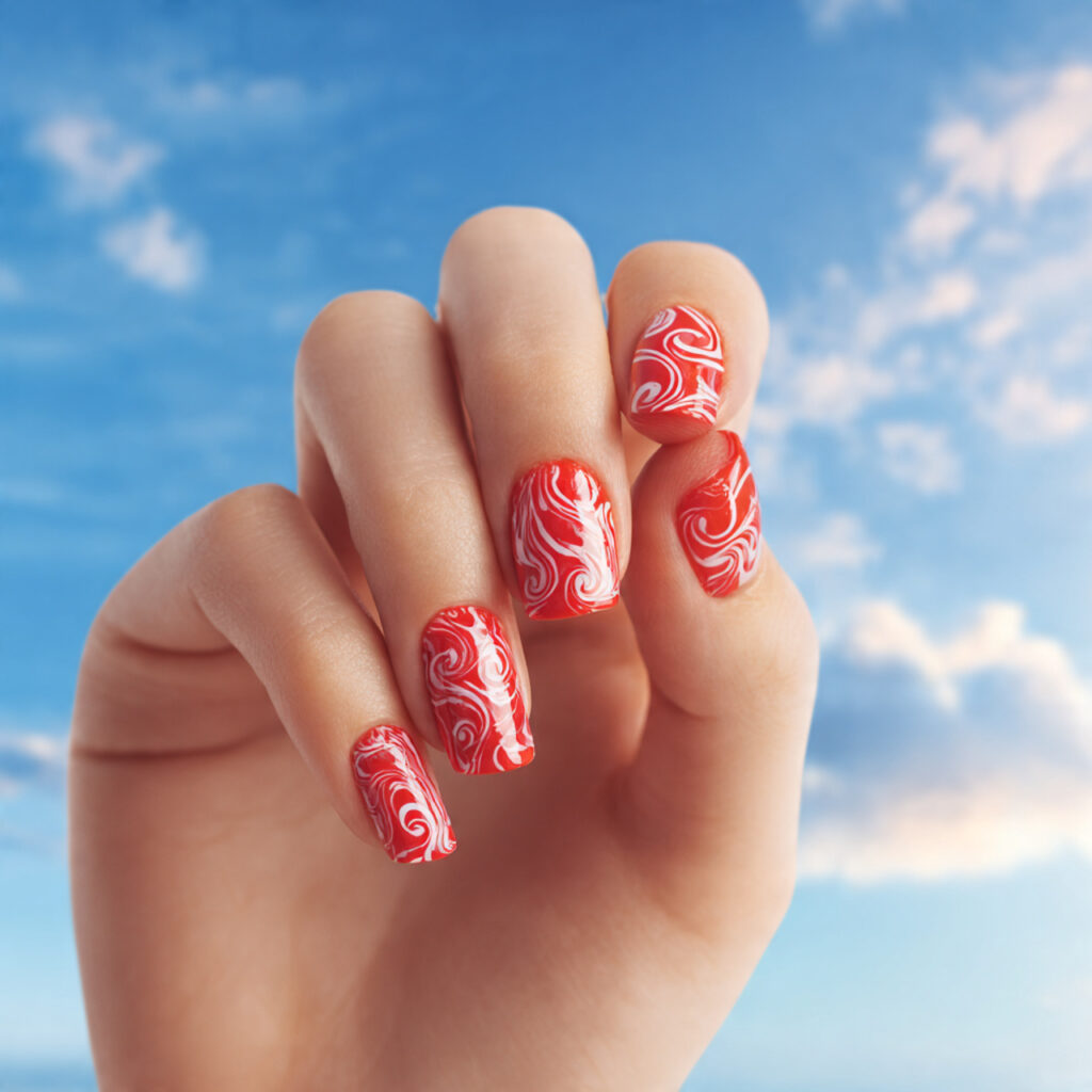 Summer Nails Red: 14 Hot, Dreamy Designs You’ll Want All Season 10 attractive hand with red swirl art nails glossy fi