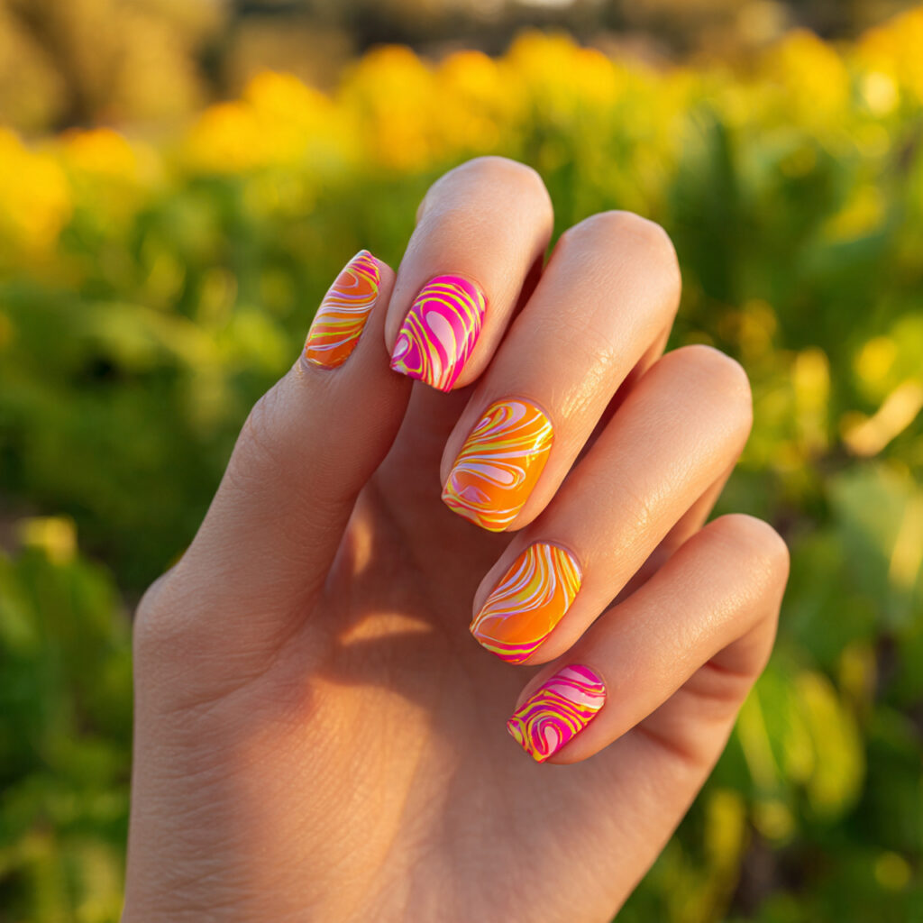 Summer Nails Bright: Bold Colors You’ll Fall in Love With 8 attractive hand with swirl bright art nails glossy