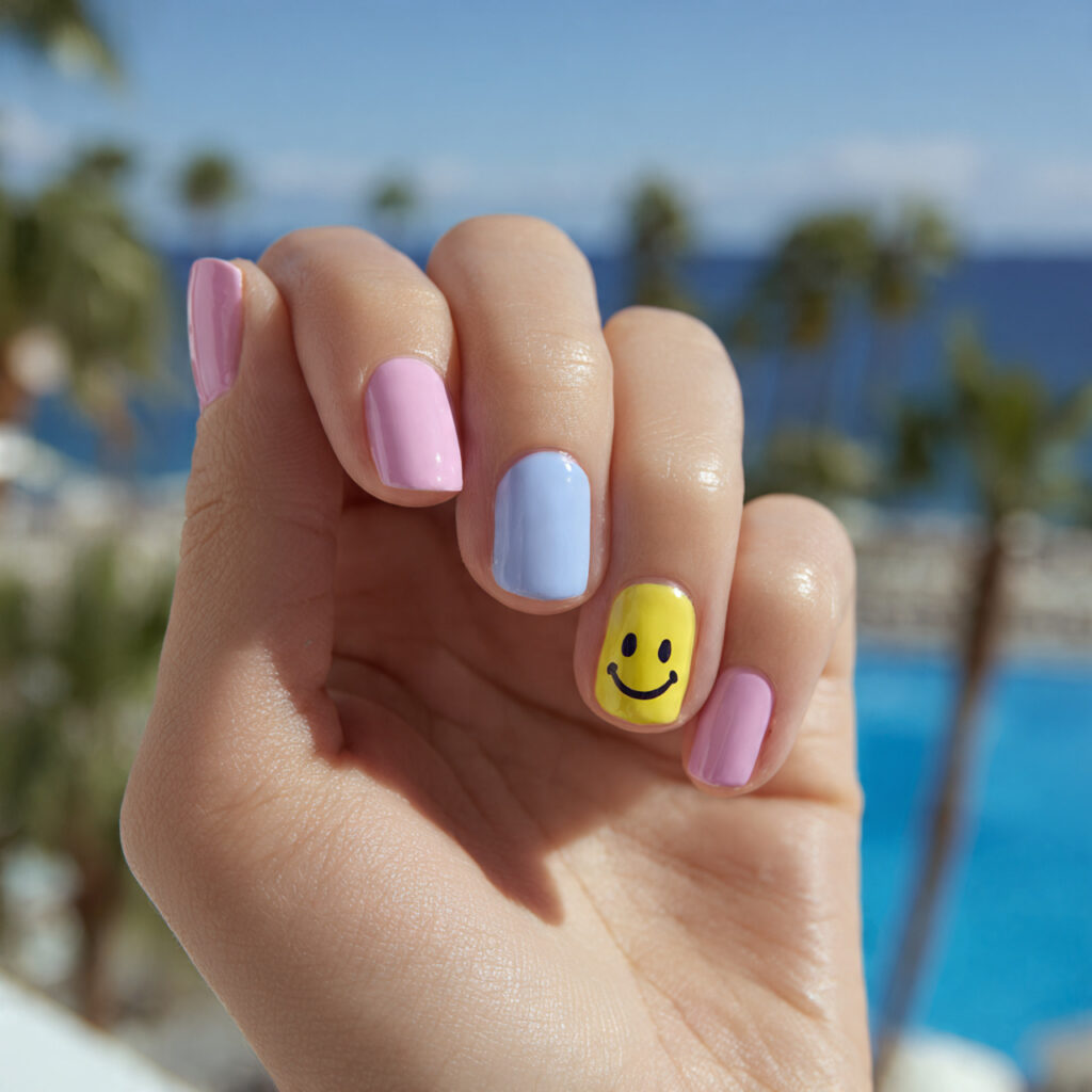 Summer Nails Art: Tiny Masterpieces for Your Fingertips 2 attractive one hand with smiley face summer nail a