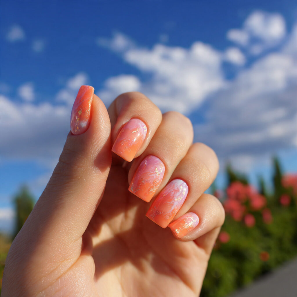 Summer Nails Square: 16 Dreamy Designs You’ll Want to Screenshot Immediately 1 attractive peachy gloss square nails with outdoor