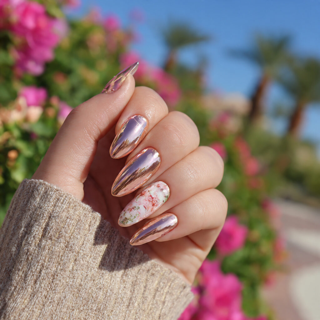 Summer Nails Designs That Feel Like Sunshine at Your Fingertips 10 attractive rosy gold chrome almond nails with outd
