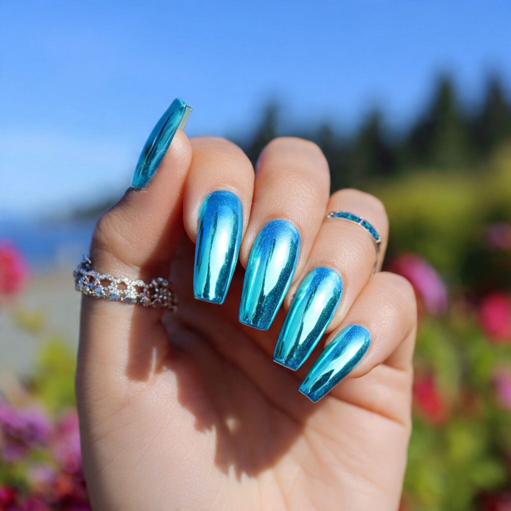 Summer Nails Designs That Feel Like Sunshine at Your Fingertips 4 attractive turquoise chrome coffin nails with outd