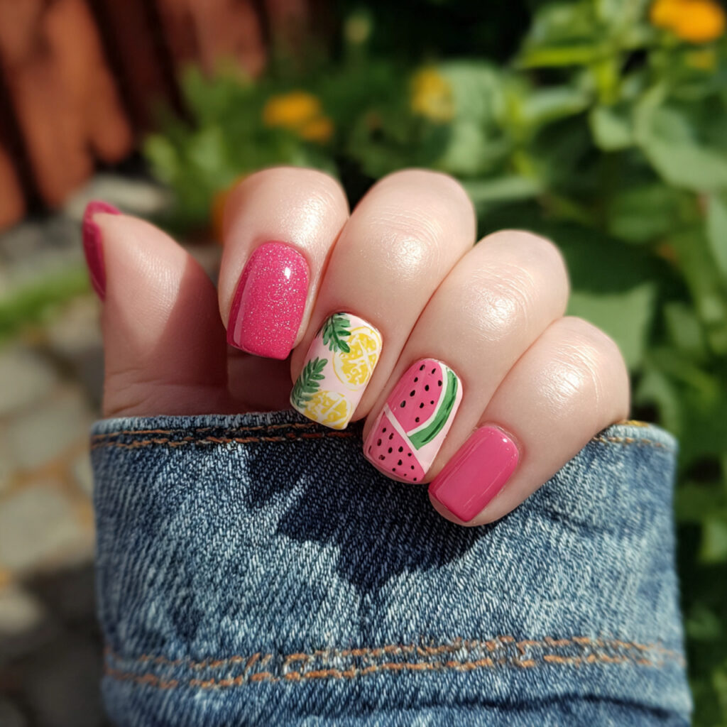 Summer Nails Designs That Feel Like Sunshine at Your Fingertips 7 attractive watermelon accent nails with outdoor su
