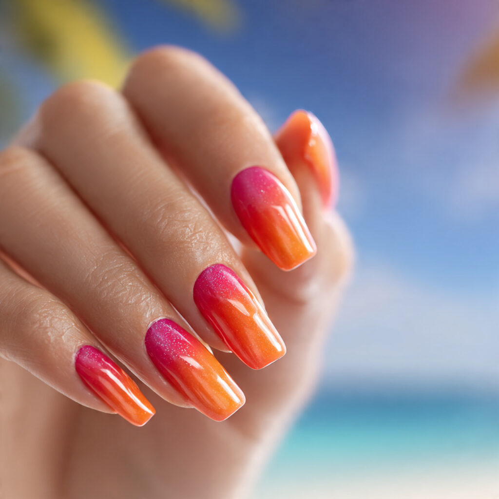 Summer Ombre Nails: Soft Blends & Sunlit Color Dreams 10 close up of an attractive hand with long nails fea