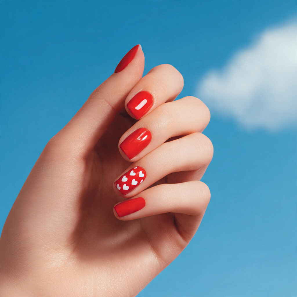 Summer Nails Red: 14 Hot, Dreamy Designs You’ll Want All Season 6 close up of an attractive hand with red heart acce