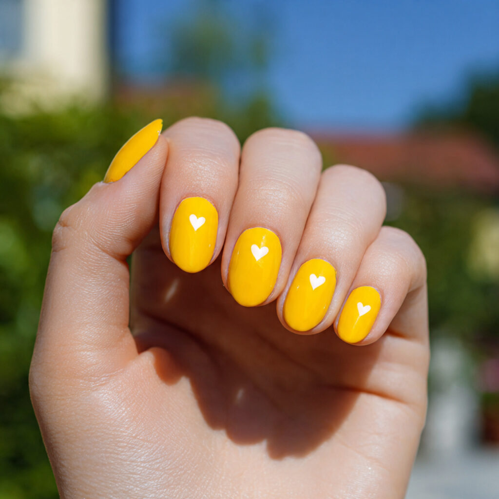 Summer Nails Yellow Pastel: Soft Sunshine for Your Fingertips 8 close up of one attractive hand showing yellow hea