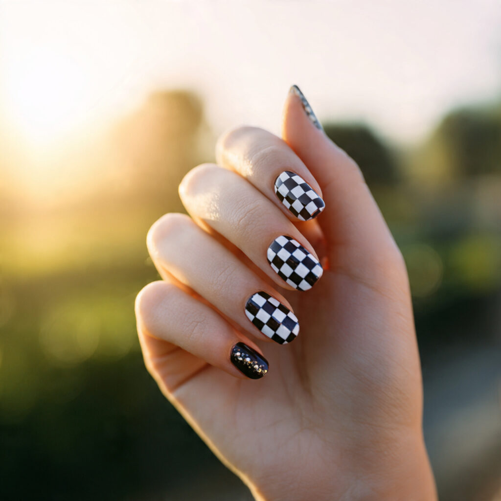 Summer Nails Checkered: 14 Cute & Trendy Designs You’ll Want to Save 11 close up of one attractive hand with black and whi