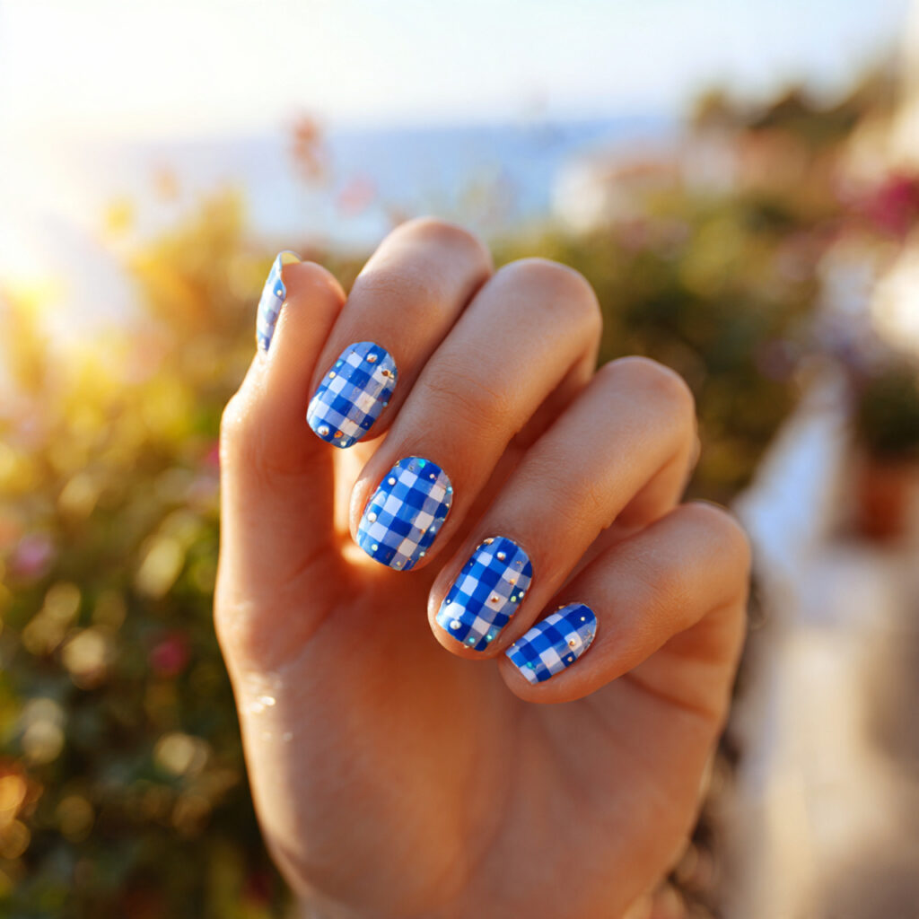 Summer Nails Checkered: 14 Cute & Trendy Designs You’ll Want to Save 6 close up of one attractive hand with blue and whit