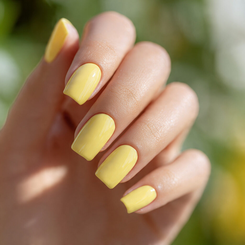 Summer Nails Aesthetic: Soft, Dreamy Looks You’ll Want to Save 6 close up of one attractive hand with butter yellow