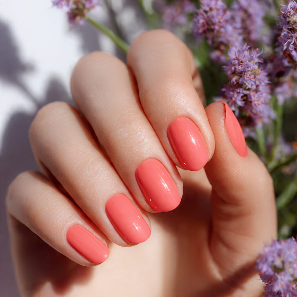 Summer Nails Blooming Gel: Soft, Blended & Dreamy Nail Art You’ll Love 11 close up of one attractive hand with coral bloomin