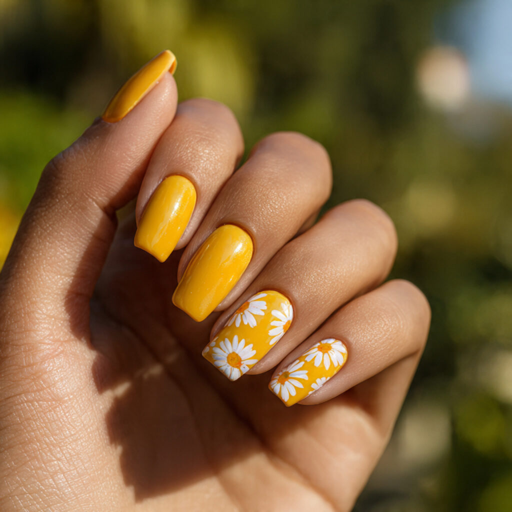 Summer Nails Yellow Pastel: Soft Sunshine for Your Fingertips 7 close up of one attractive hand with daisy yellow