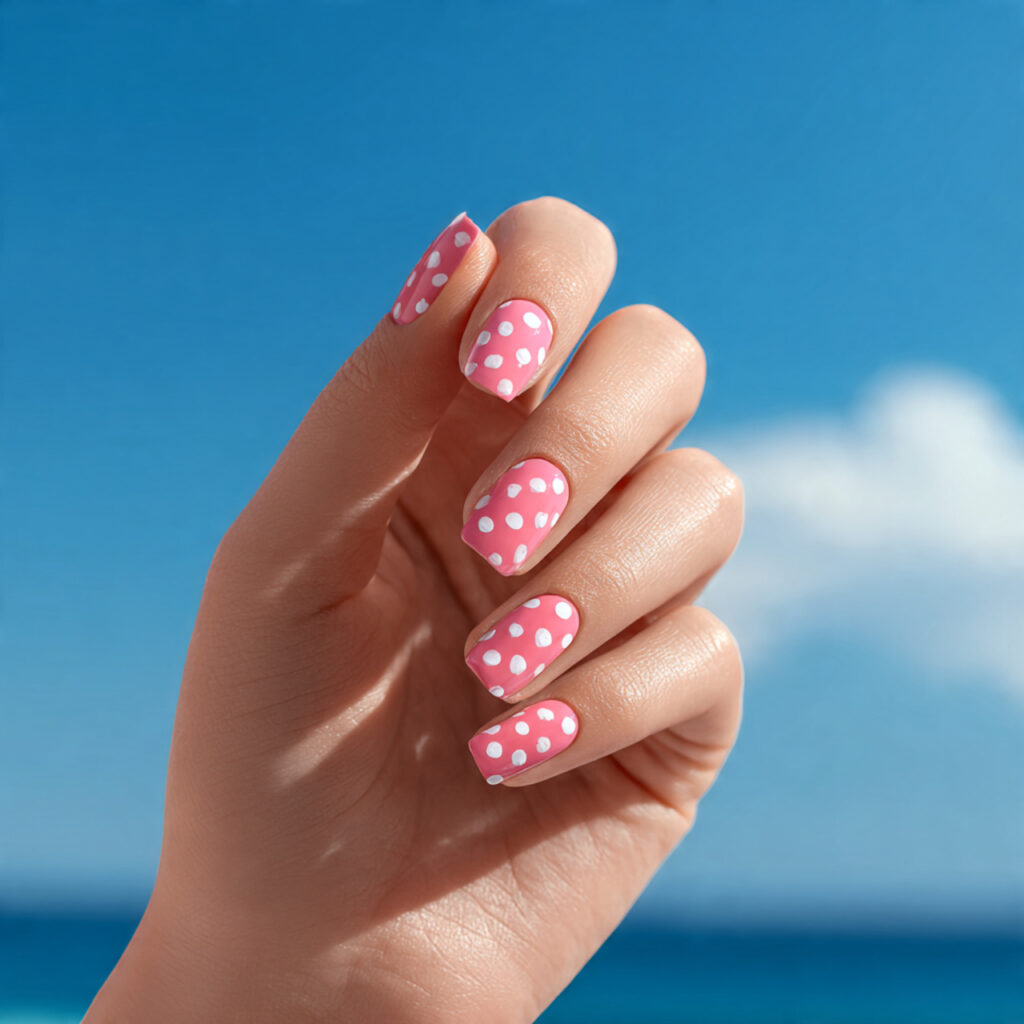 Summer Nails for Kids: Cute, Colorful & Full of Joy 12 close up of one attractive hand with fun polka dot