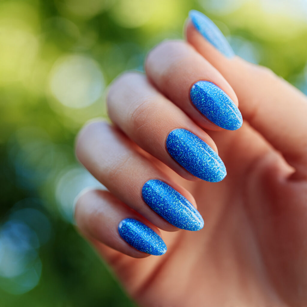 Summer Nails 2026 Blue: Cool, Glossy & Ocean-Inspired Perfection 7 close up of one attractive hand with glitter blue