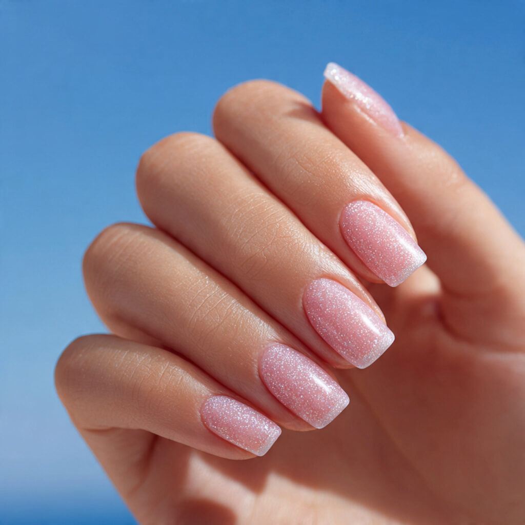 Summer Nails French: The Soft, Sunny Twist Everyone’s Obsessed With 11 close up of one attractive hand with glitter frenc