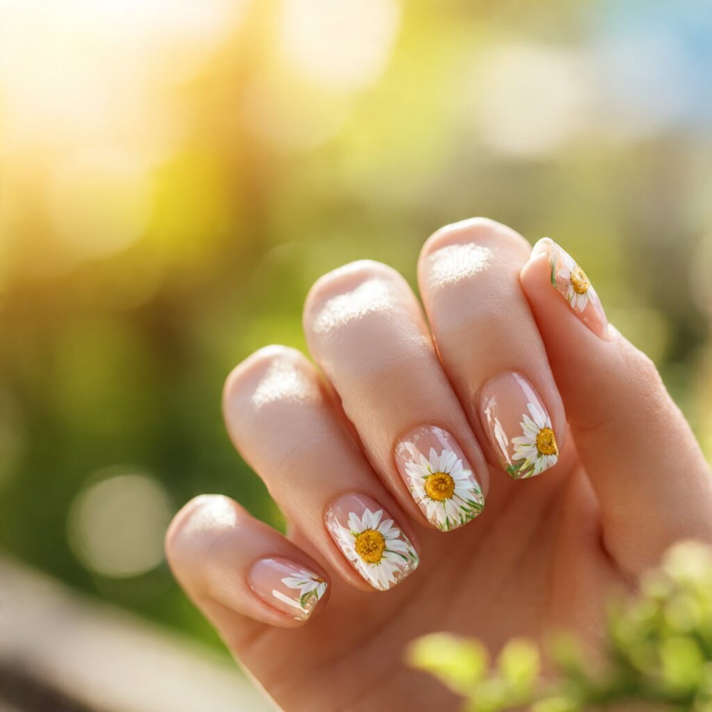 Summer Nails Aesthetic: Soft, Dreamy Looks You’ll Want to Save 7 close up of one attractive hand with glossy daisy