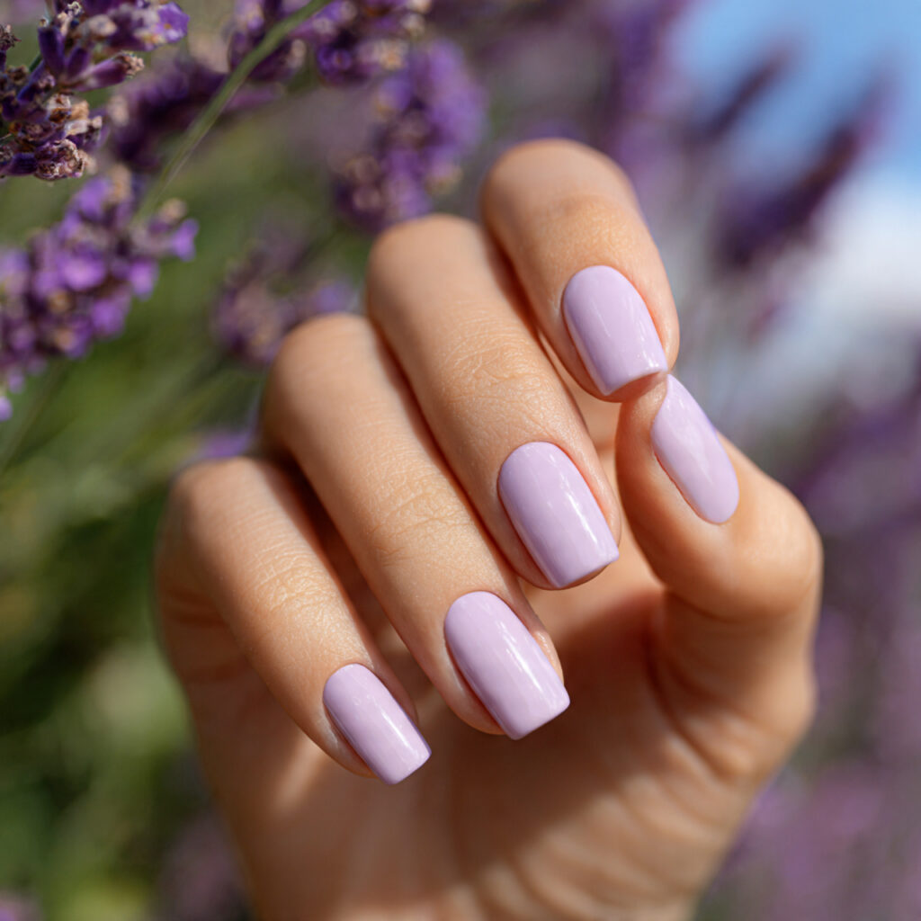 Summer Nails Blooming Gel: Soft, Blended & Dreamy Nail Art You’ll Love 8 close up of one attractive hand with lavender bloo