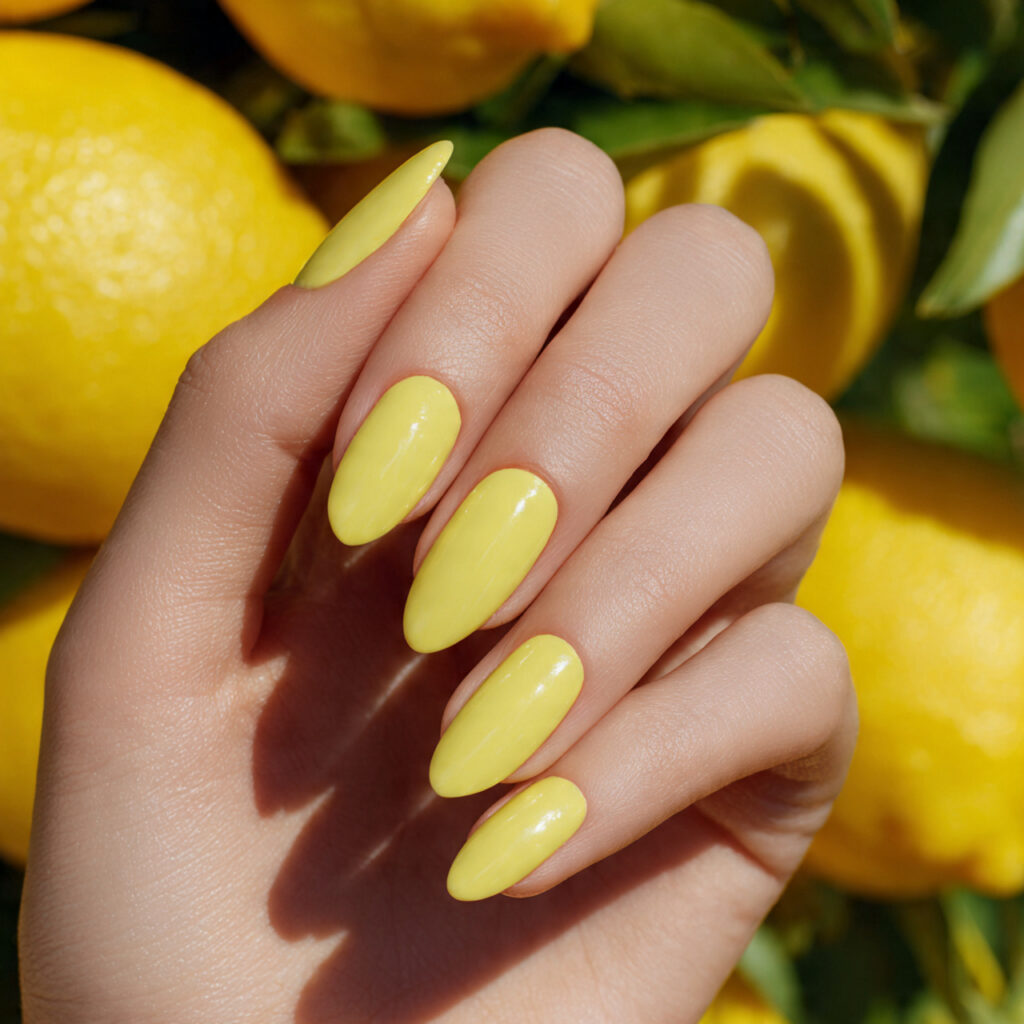 Shellac Nails Summer: Long-Lasting Shine for Your Dreamy Manicure 5 close up of one attractive hand with lemon yellow