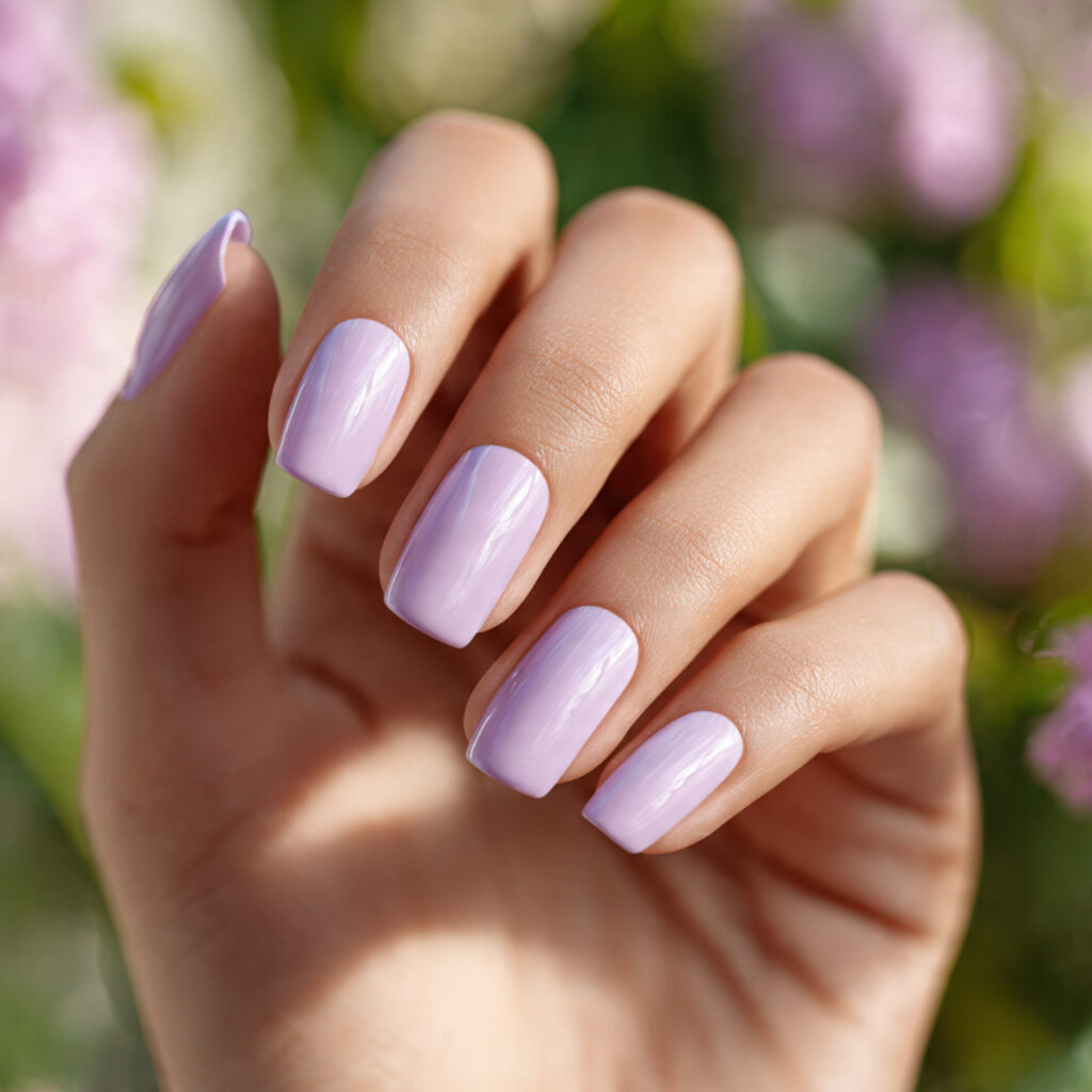 Summer Nails Purple: Soft, Dreamy & Glowing With Color 11 close up of one attractive hand with lilac and sil