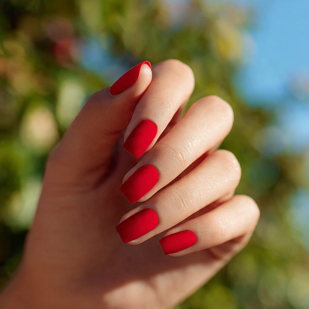 Summer Nails Red: 14 Hot, Dreamy Designs You’ll Want All Season 14 close up of one attractive hand with matte red squ