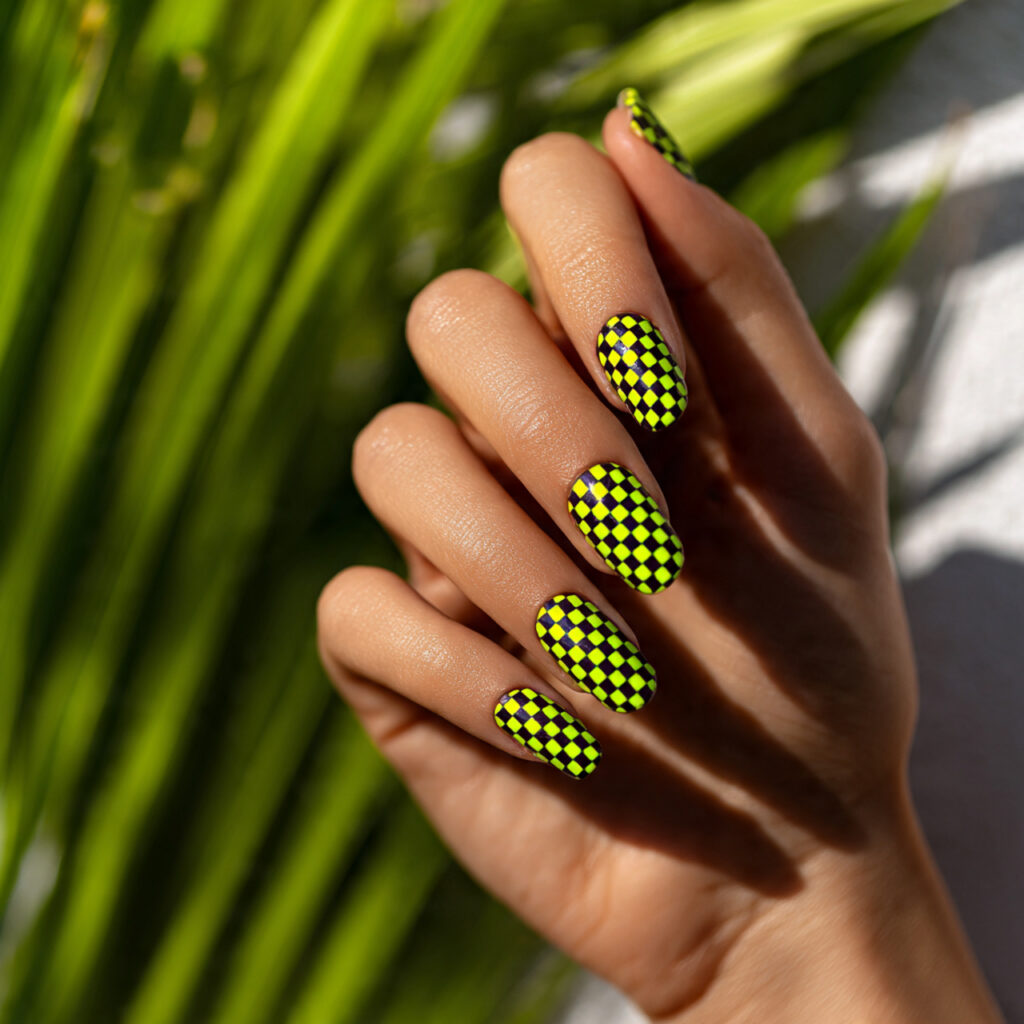 Summer Nails Checkered: 14 Cute & Trendy Designs You’ll Want to Save 9 close up of one attractive hand with neon checkere