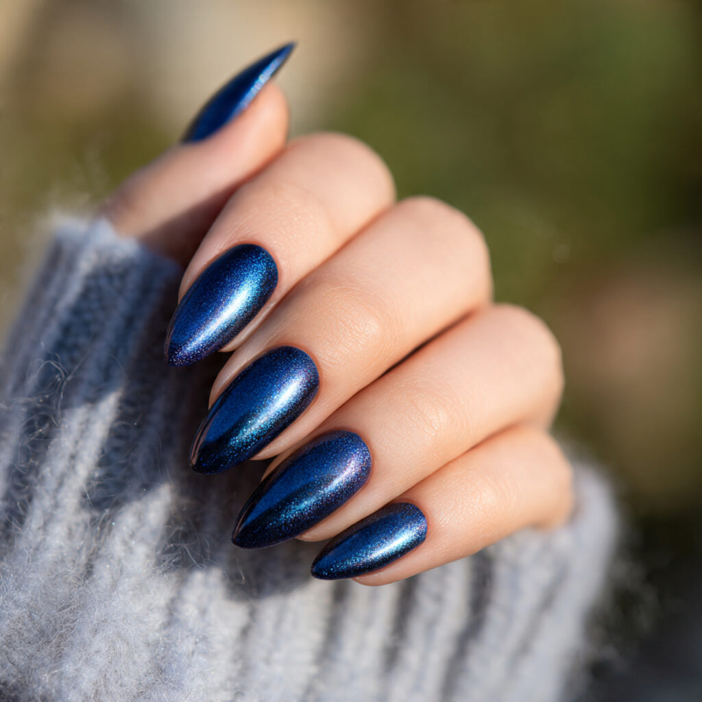 Summer Nails Cat Eye: Magnetic Glow You’ll Be Obsessed With 5 close up of one attractive hand with ocean blue ca