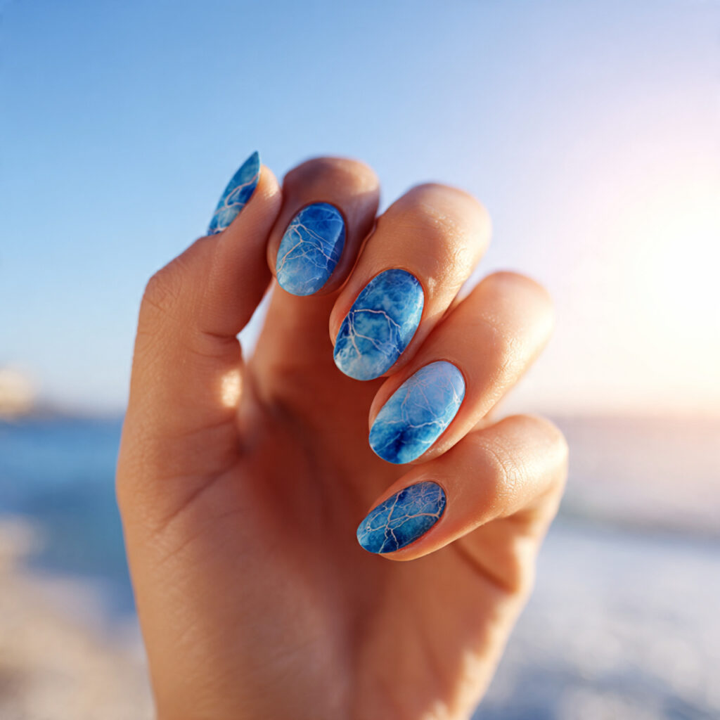 close up of one attractive hand with ocean blue ma