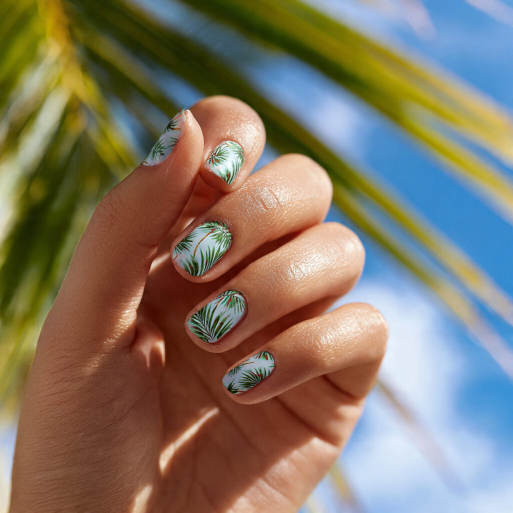Summer Nails Beach: Ocean-Inspired Looks You’ll Want All Season 9 close up of one attractive hand with palm tree acc