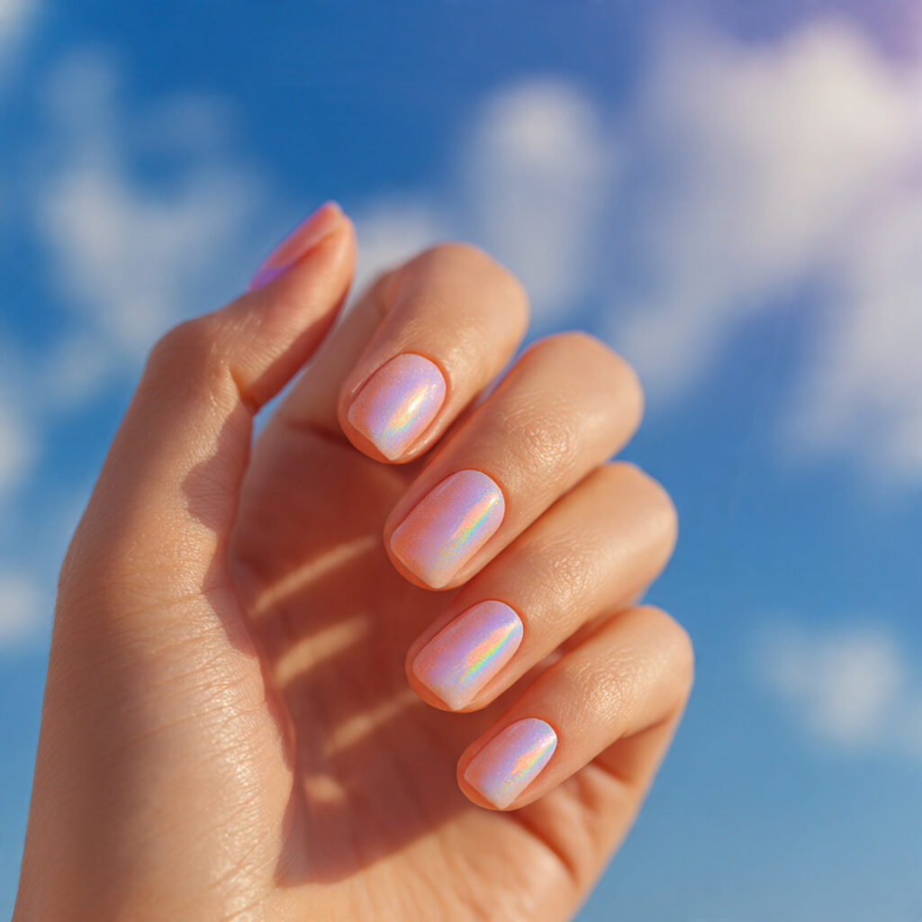 Summer Ombre Nails: Soft Blends & Sunlit Color Dreams 9 close up of one attractive hand with pastel rainbo