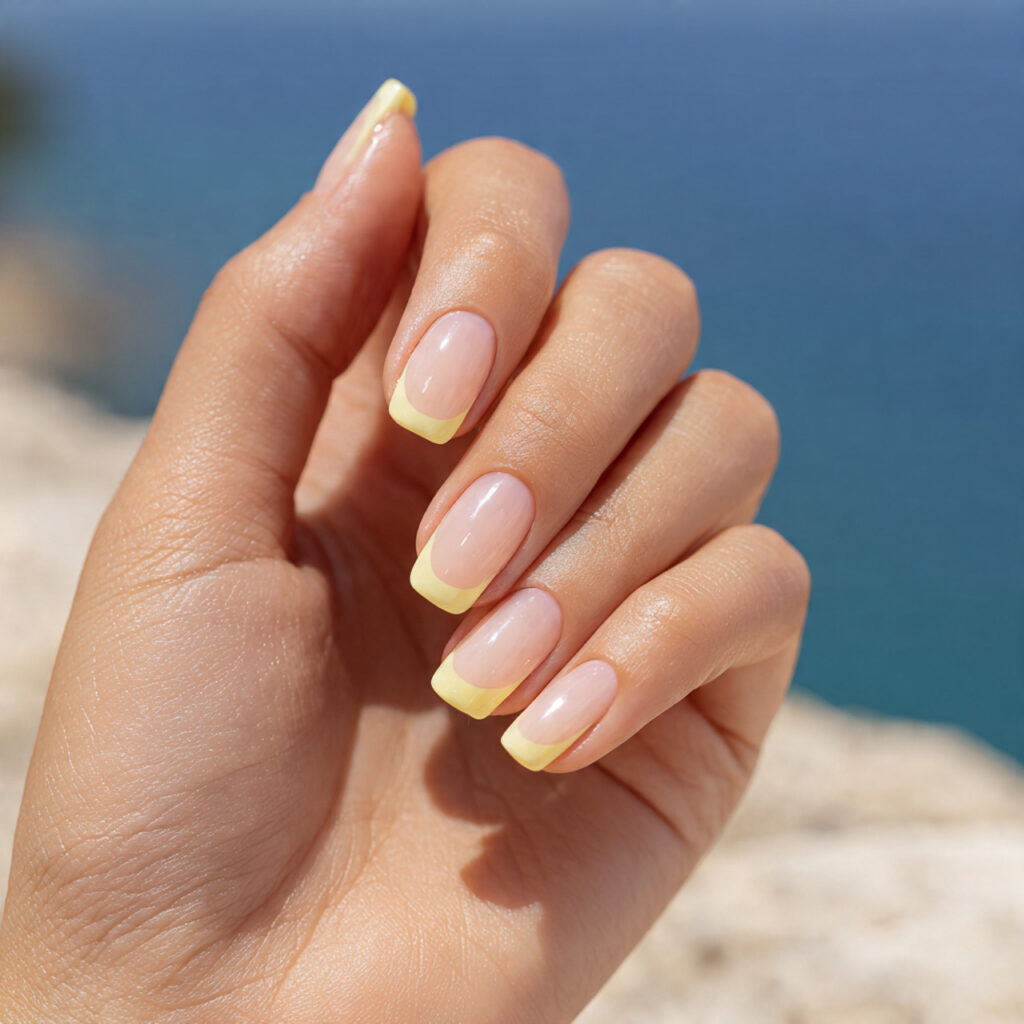 Summer Nails Yellow Pastel: Soft Sunshine for Your Fingertips 4 close up of one attractive hand with pastel yellow