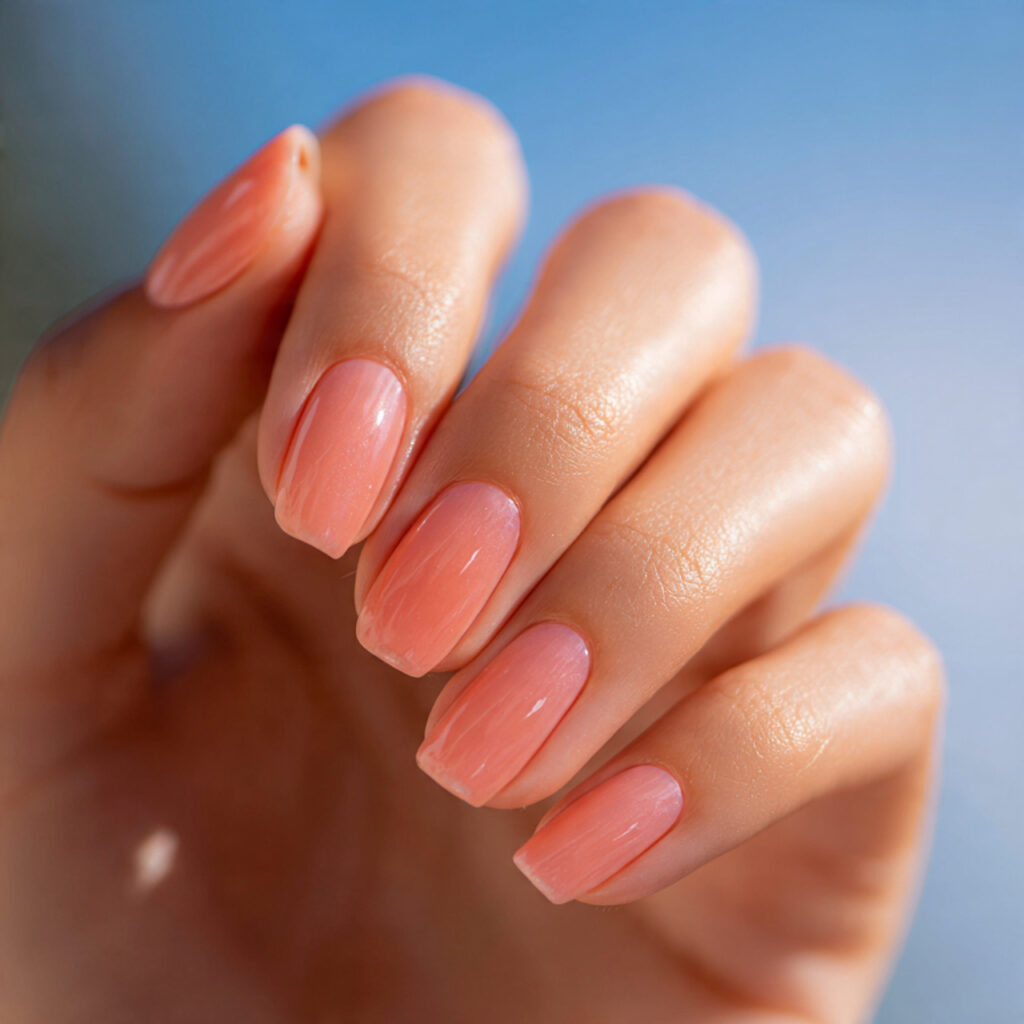 close up of one attractive hand with peach glow na
