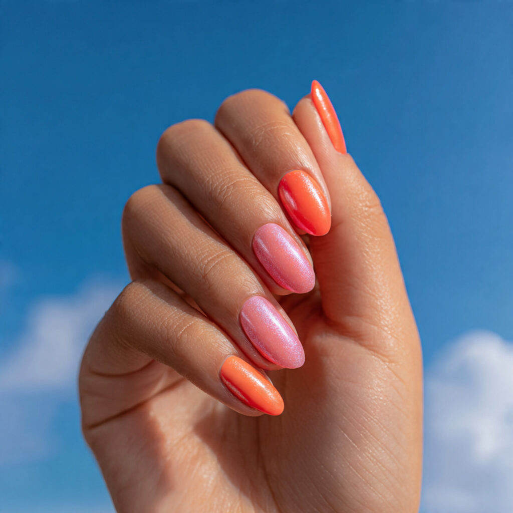 Summer Aura Nails: Dreamy, Glowy Designs You’ll Be Obsessed With 9 close up of one attractive hand with pink orange d