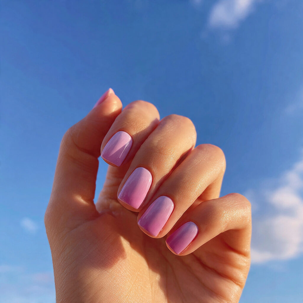 Summer Ombre Nails: Soft Blends & Sunlit Color Dreams 6 close up of one attractive hand with pink to lilac 1