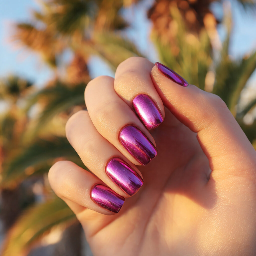 Summer Nails Purple: Soft, Dreamy & Glowing With Color 5 close up of one attractive hand with purple chrome