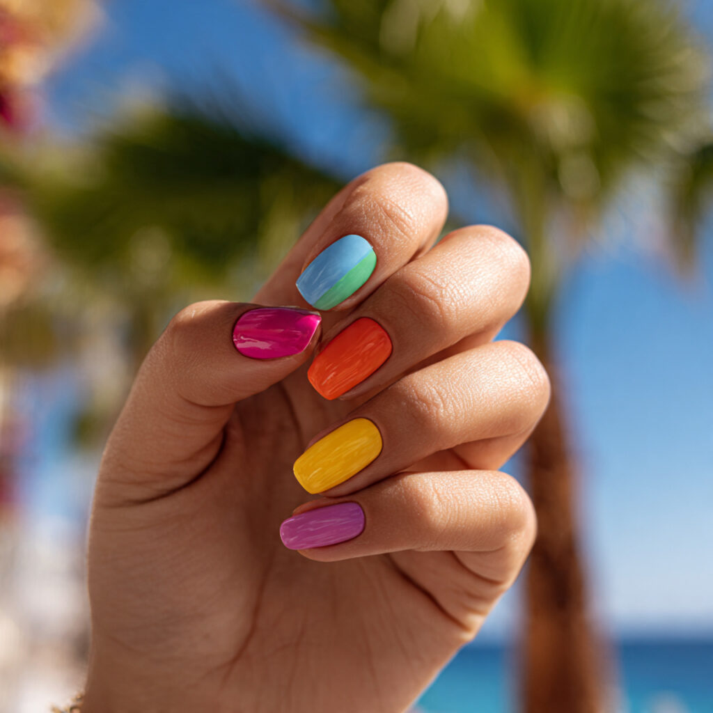 Summer Nails Inspirations: The Dreamiest Looks You’ll Want to Save Instantly 8 close up of one attractive hand with rainbow fun n