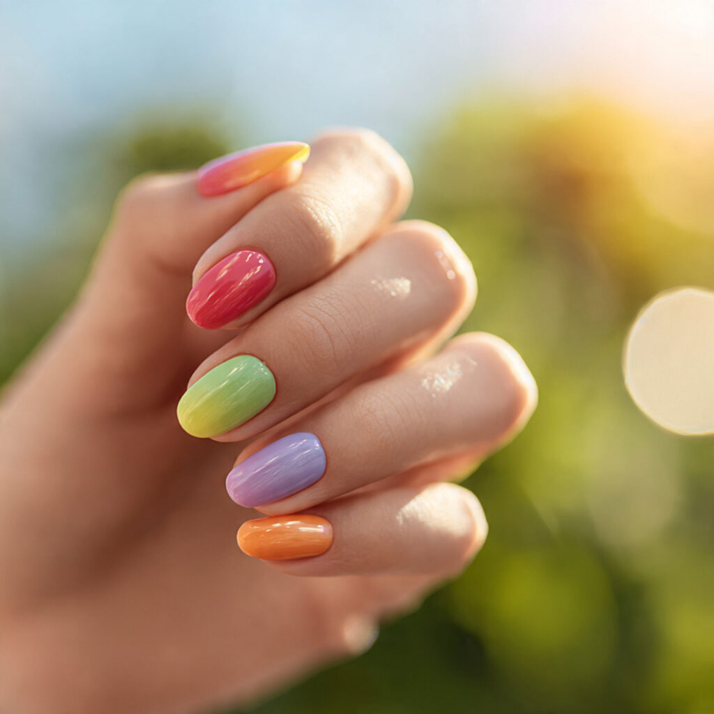 Summer Nails Bright: Bold Colors You’ll Fall in Love With 5 close up of one attractive hand with rainbow mix a