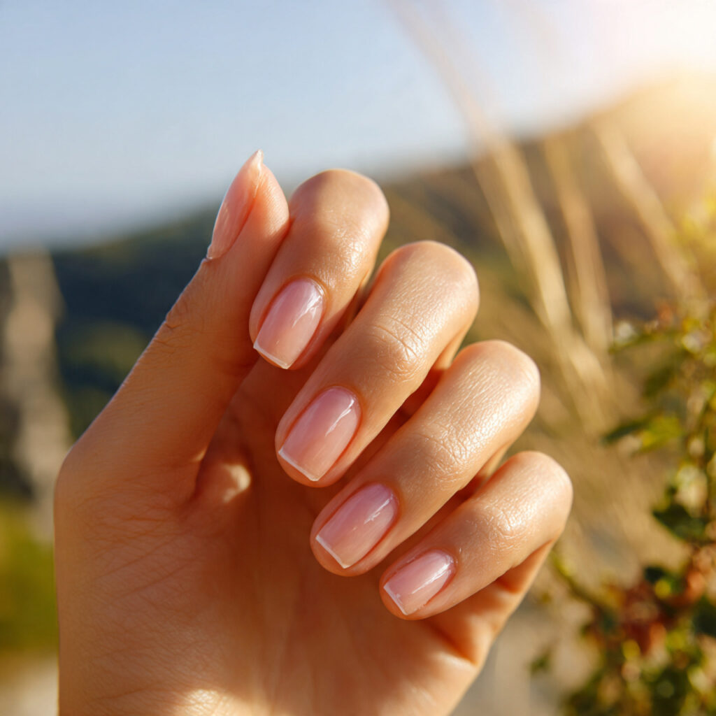 Summer Nails 2026 Short: Cute, Fresh & Effortless Nail Ideas You’ll Obsess Over 5 close up of one attractive hand with sheer glass n