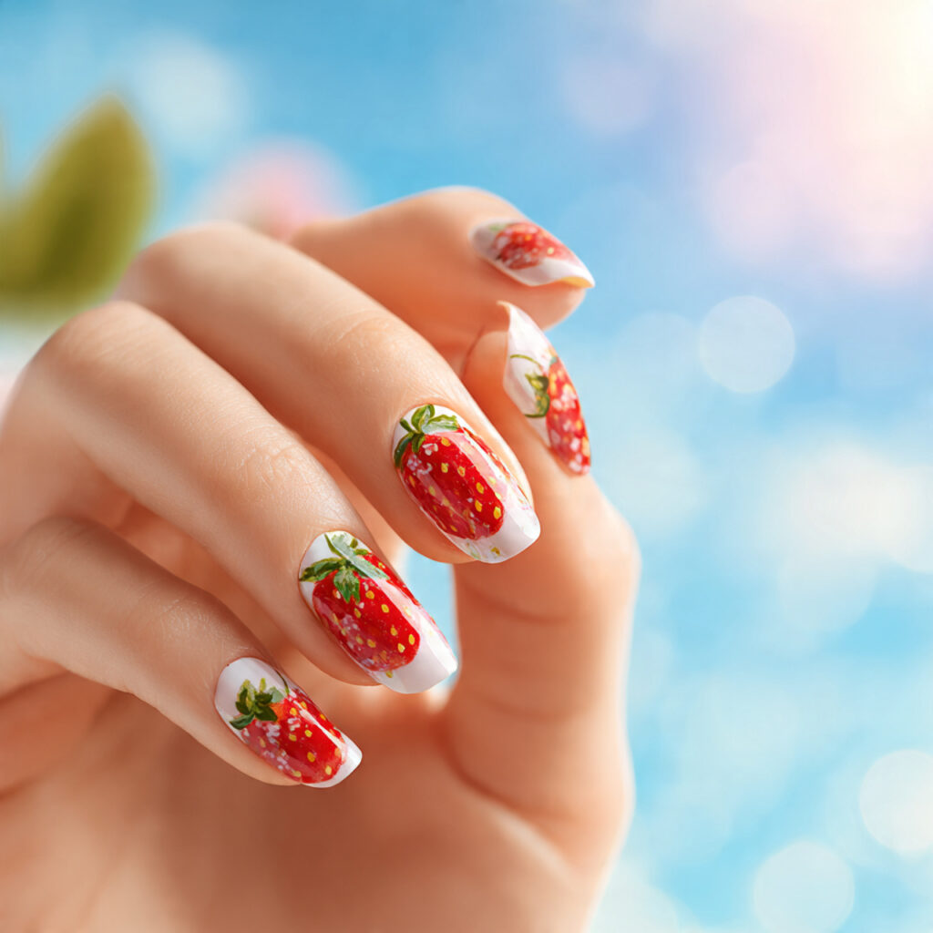 Summer Nails Blooming Gel: Soft, Blended & Dreamy Nail Art You’ll Love 4 close up of one attractive hand with strawberry bl