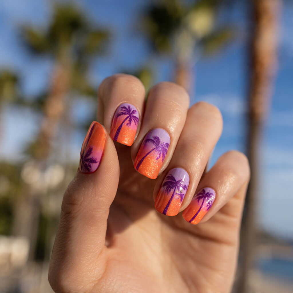 Summer Nails Colorful: Bright, Playful & Totally Aesthetic Ideas 11 close up of one attractive hand with tropical suns