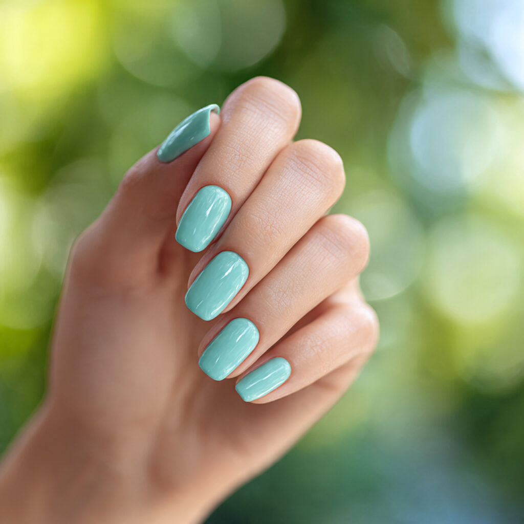 Summer Nails 2026 Blue: Cool, Glossy & Ocean-Inspired Perfection 9 close up of one attractive hand with turquoise sum