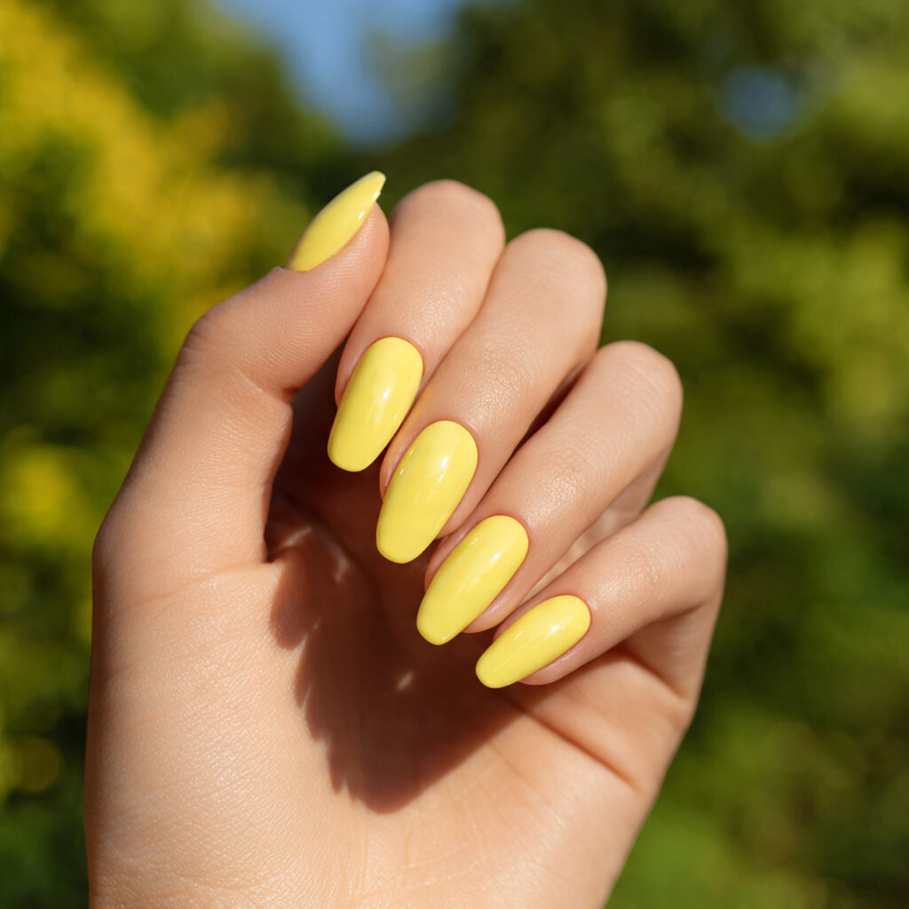 Summer Aura Nails: Dreamy, Glowy Designs You’ll Be Obsessed With 6 close up of one attractive hand with yellow sunshi