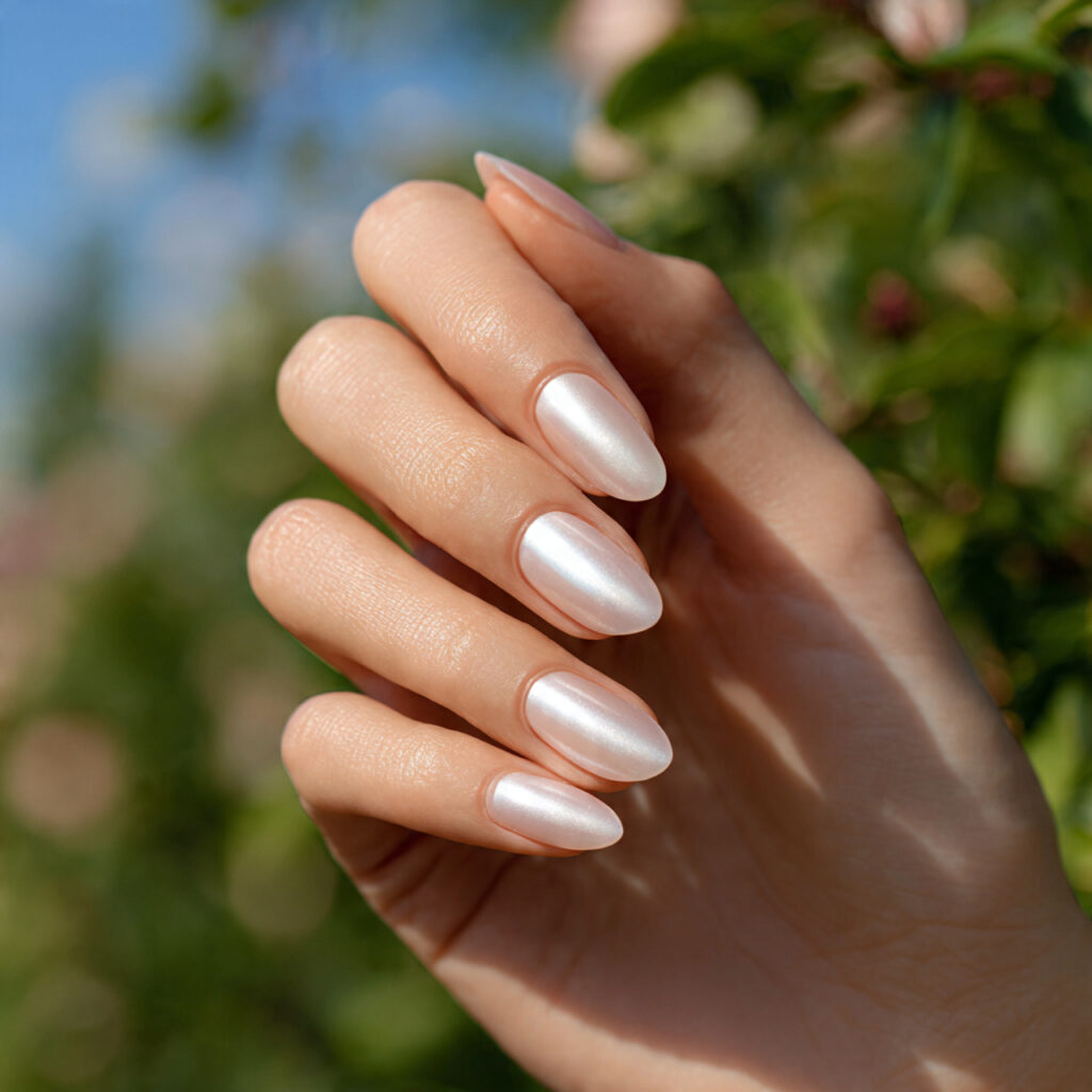 close up of one elegant hand with attractive pearl