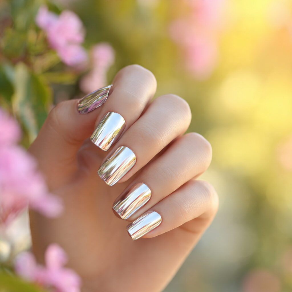 close up of one elegant hand with full silver chro