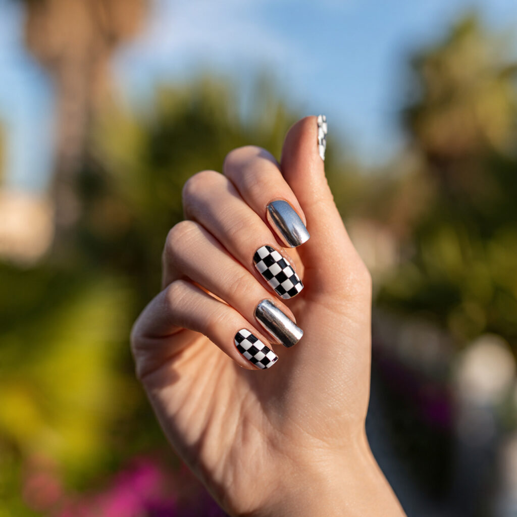 Summer Nails Checkered: 14 Cute & Trendy Designs You’ll Want to Save 10 close up of one hand with attractive abstract chec