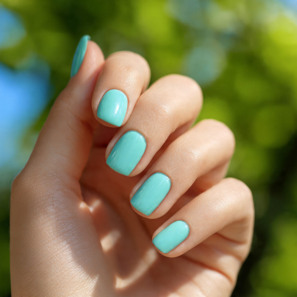 Summer Nails Beach: Ocean-Inspired Looks You’ll Want All Season 1 close up of one hand with attractive aqua blue glo